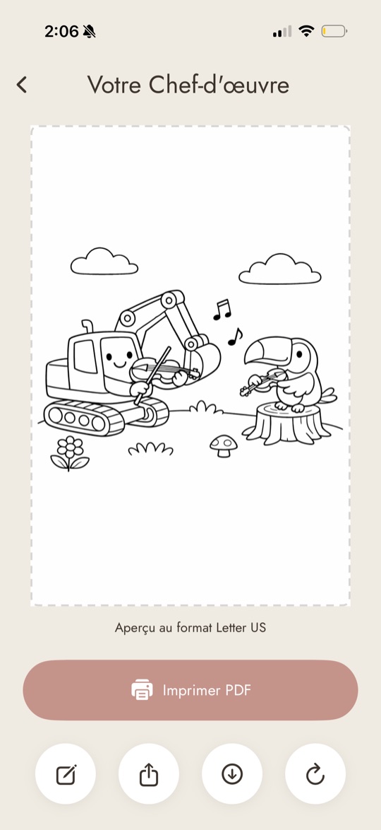 Colorín coloring page of an excavator and a toucan playing violins