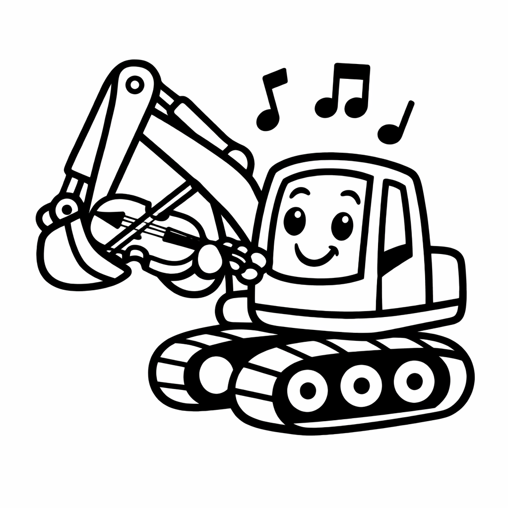 ChatGPT-generated coloring page of an excavator playing a violin
